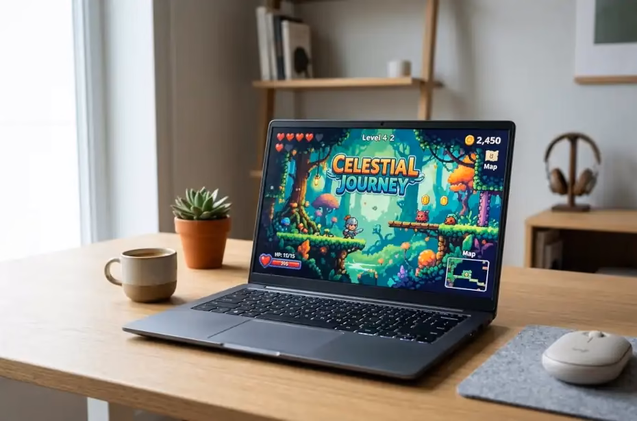 Laptop de gama baja jugando un videojuego indie colorido