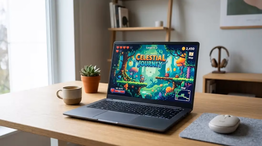 Laptop de gama baja jugando un videojuego indie colorido