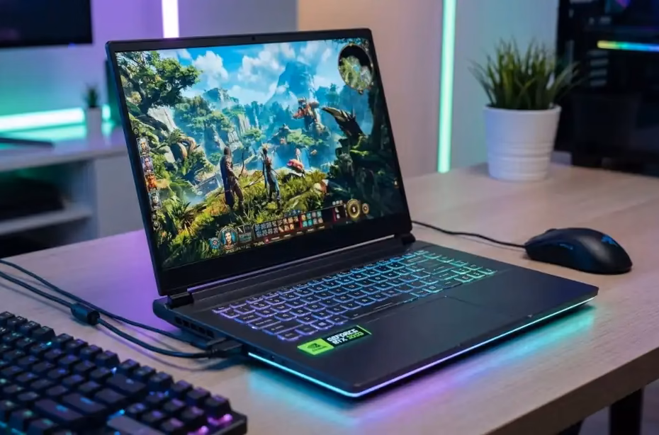 Laptop gaming con tarjeta gráfica RTX 3050 ejecutando un videojuego