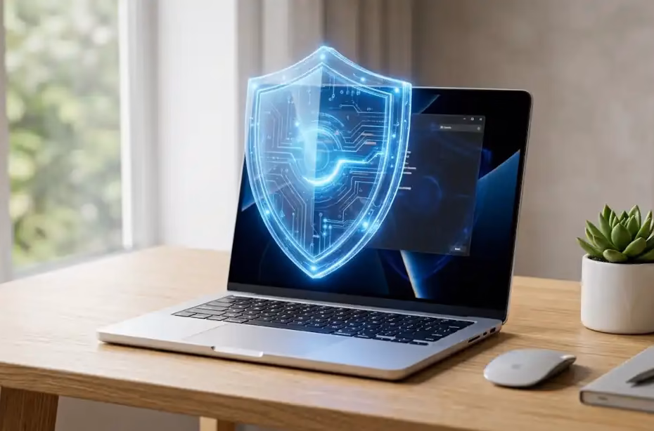 Laptop moderna con escudo de seguridad, guía de antivirus para laptop