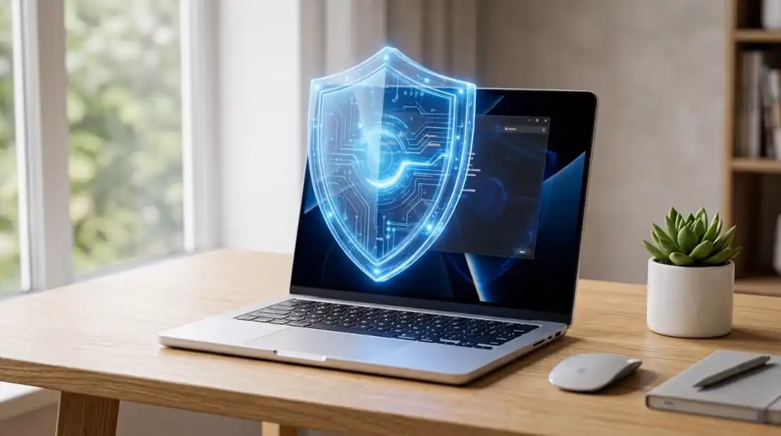 Laptop moderna con escudo de seguridad, guía de antivirus para laptop