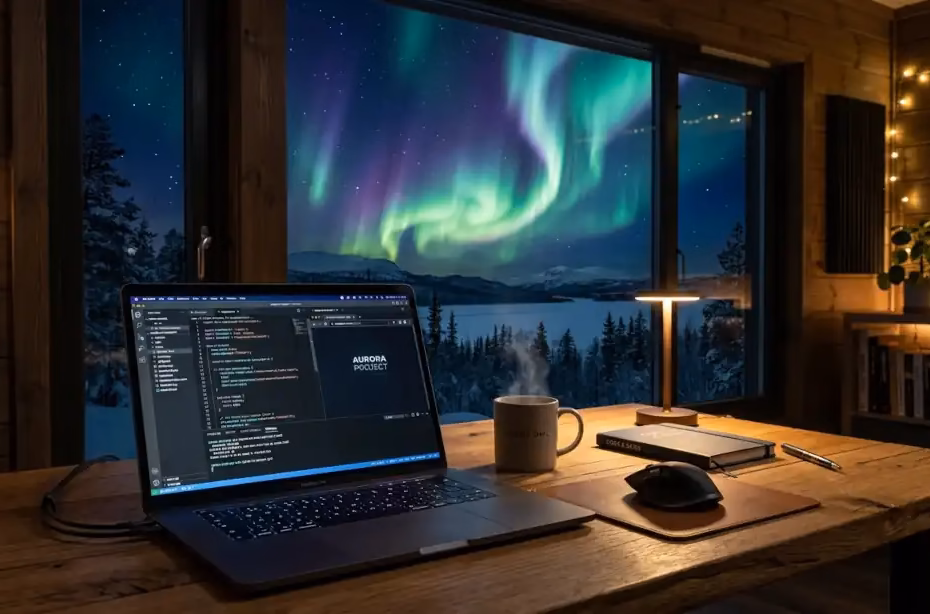 Laptop moderna frente a una aurora boreal, representando el riesgo de tormentas solares