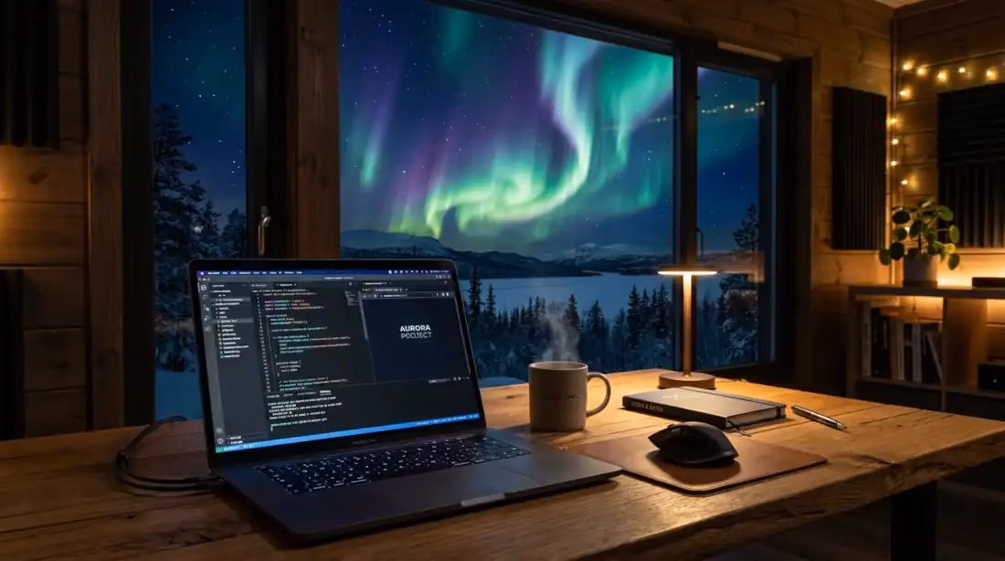 Laptop moderna frente a una aurora boreal, representando el riesgo de tormentas solares