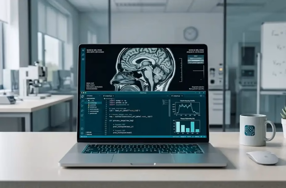 Laptop para ingeniería biomédica con imágenes médicas y análisis de datos