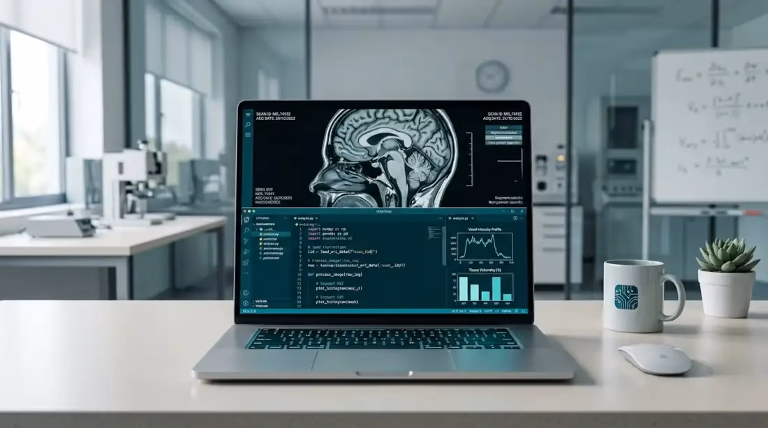 Laptop para ingeniería biomédica con imágenes médicas y análisis de datos