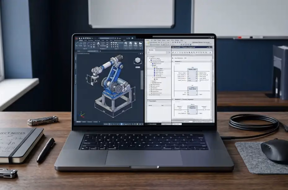 Laptop para ingeniería mecatrónica con software CAD y PLC abierto