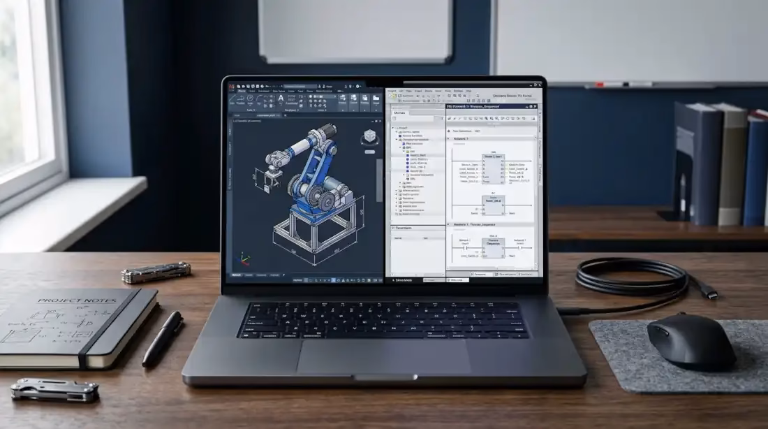 Laptop para ingeniería mecatrónica con software CAD y PLC abierto