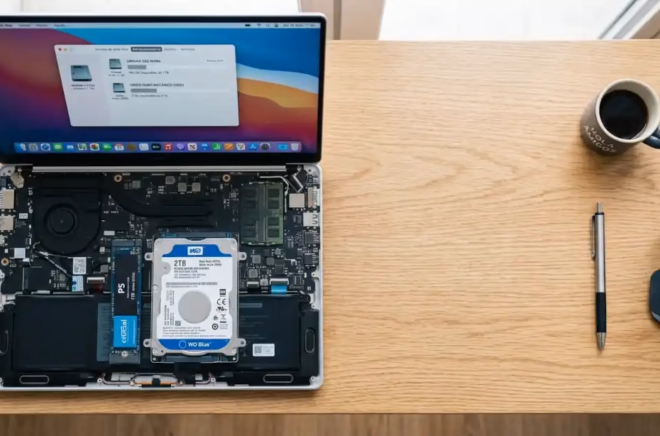 comparación visual entre SSD y disco duro en una laptop