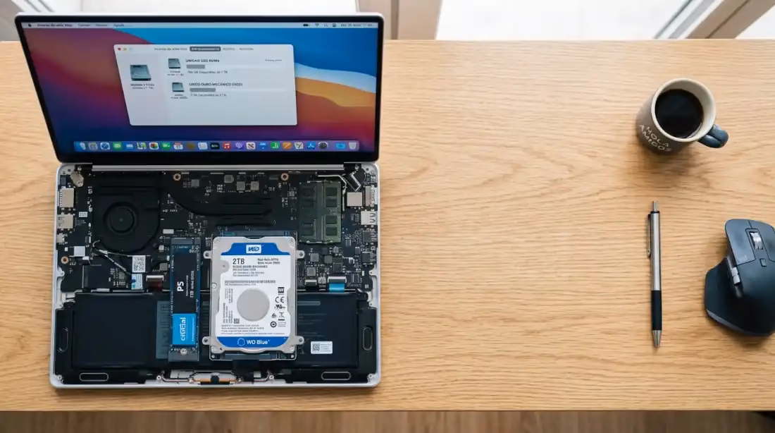 comparación visual entre SSD y disco duro en una laptop