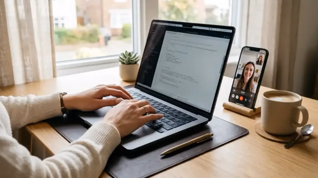 Herramientas para freelancer nómada digital: freelancer coordinando videollamada internacional desde su laptop
