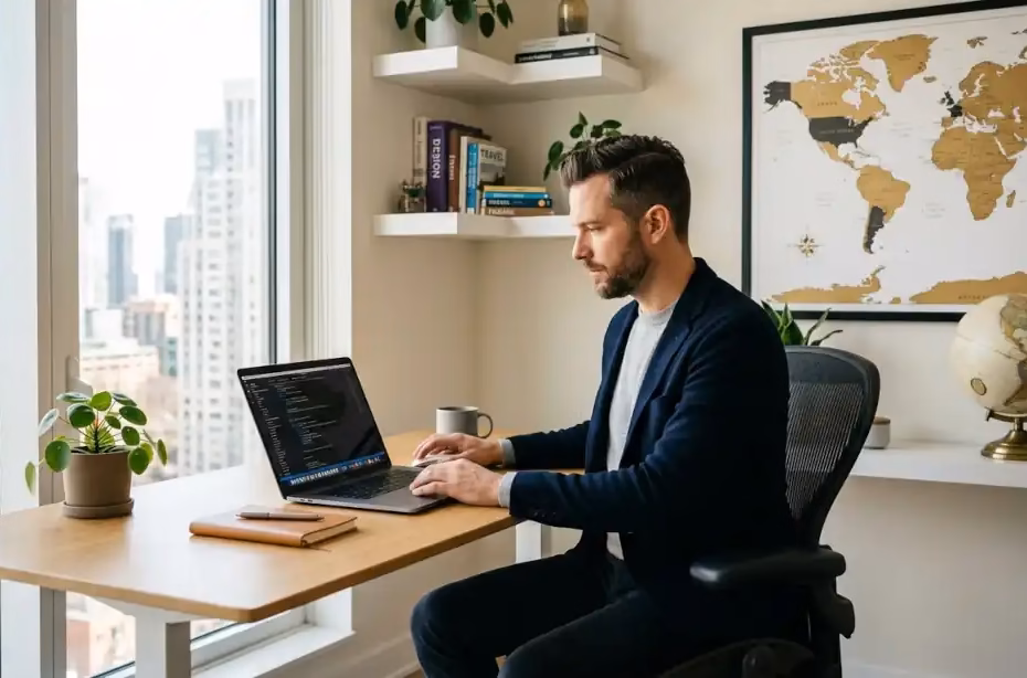 freelancer nómada digital trabajando con laptop y clientes internacionales