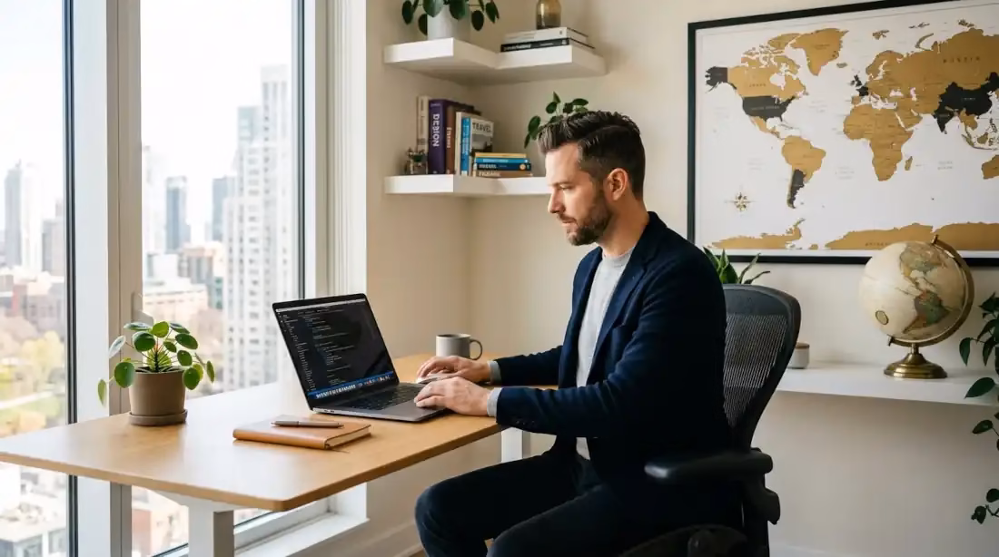 freelancer nómada digital trabajando con laptop y clientes internacionales