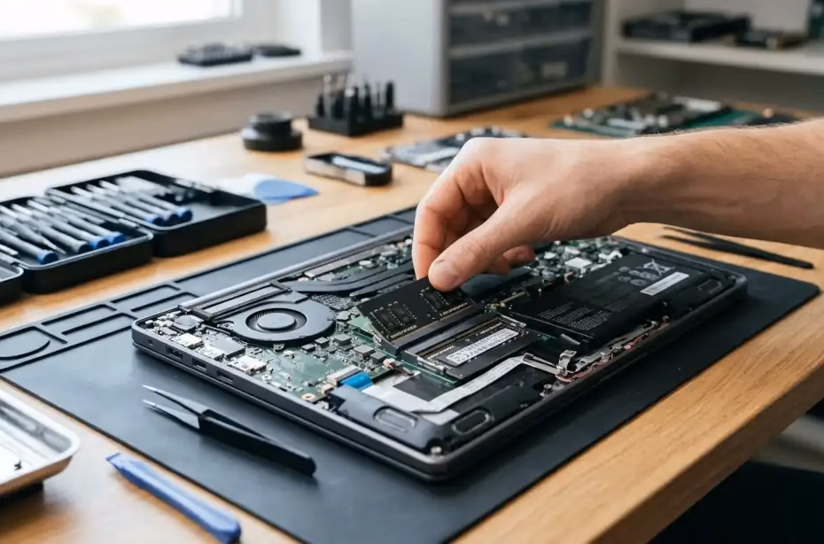 instalación de un módulo de memoria RAM en una laptop