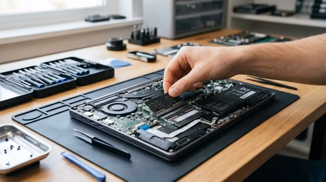 instalación de un módulo de memoria RAM en una laptop