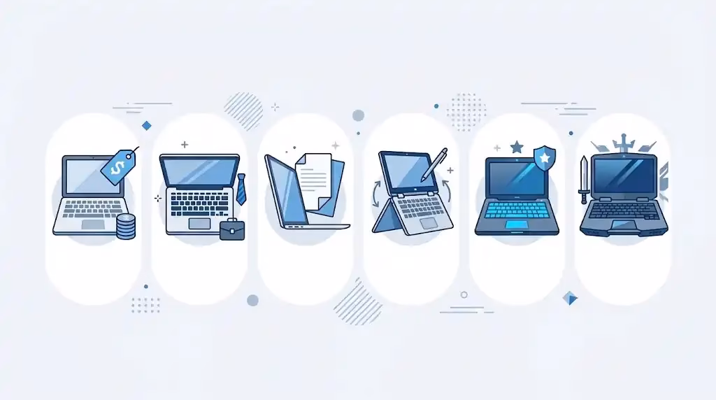 Infografía con las seis líneas de laptops Lenovo y su uso ideal