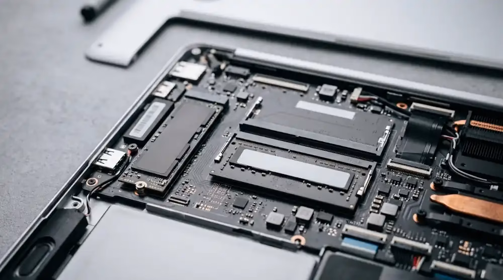 Interior de una laptop Lenovo con ranuras de RAM y SSD visibles