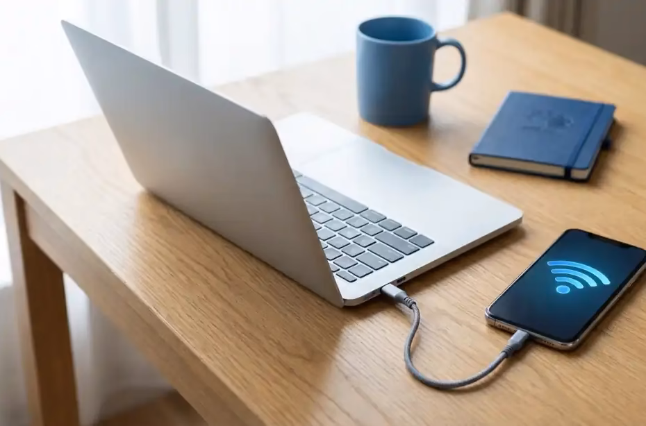 Laptop conectada a internet compartiendo datos del celular con zona Wi-Fi