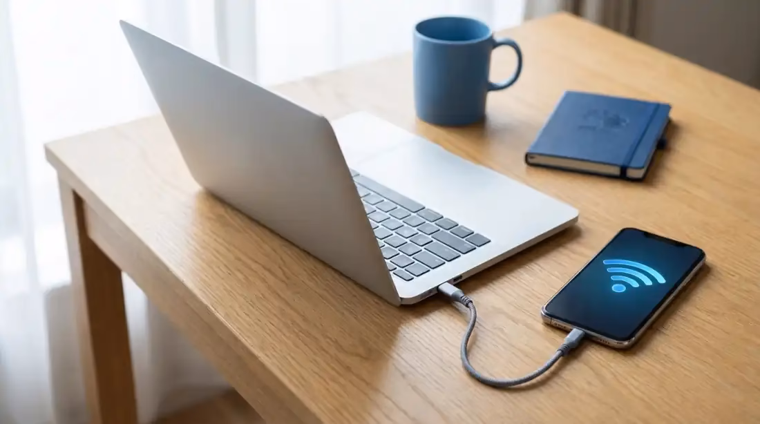 Laptop conectada a internet compartiendo datos del celular con zona Wi-Fi