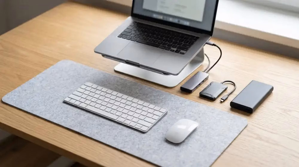 Mejores accesorios para laptop sobre un escritorio de madera clara