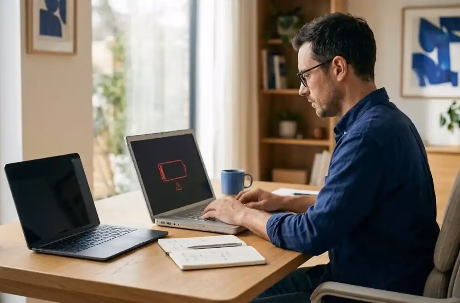 Profesional revisa la vida útil de una laptop de trabajo