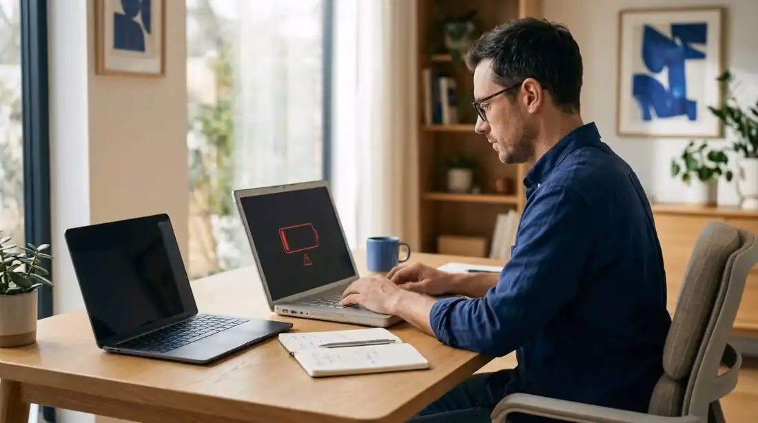 Profesional revisa la vida útil de una laptop de trabajo