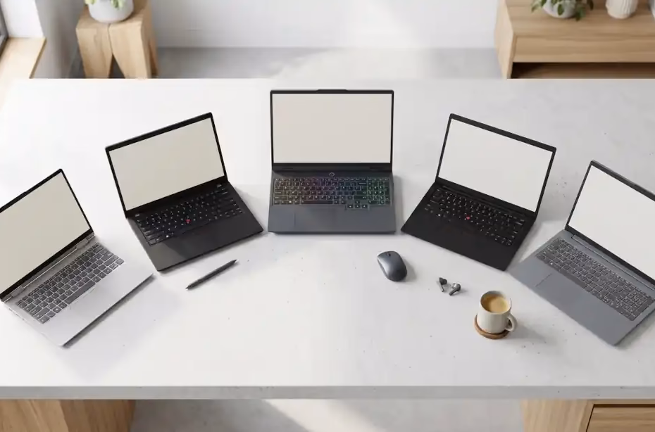 Comparación de laptops Lenovo IdeaPad, ThinkPad, Legion, LOQ y Yoga sobre un escritorio