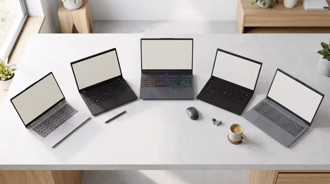 Comparación de laptops Lenovo IdeaPad, ThinkPad, Legion, LOQ y Yoga sobre un escritorio